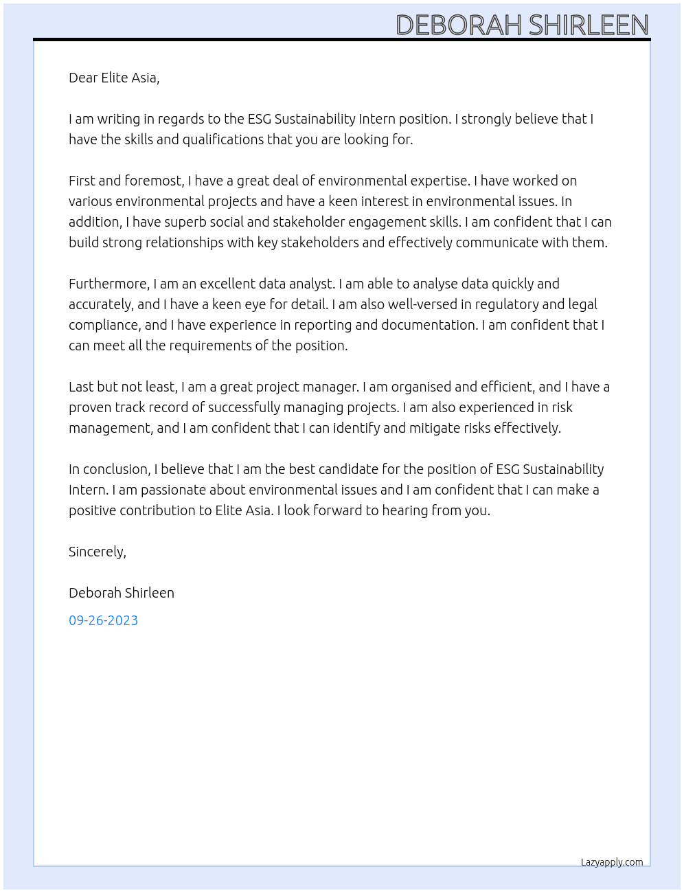 ESG Sustainability Intern At Elite Asia Cover Letter