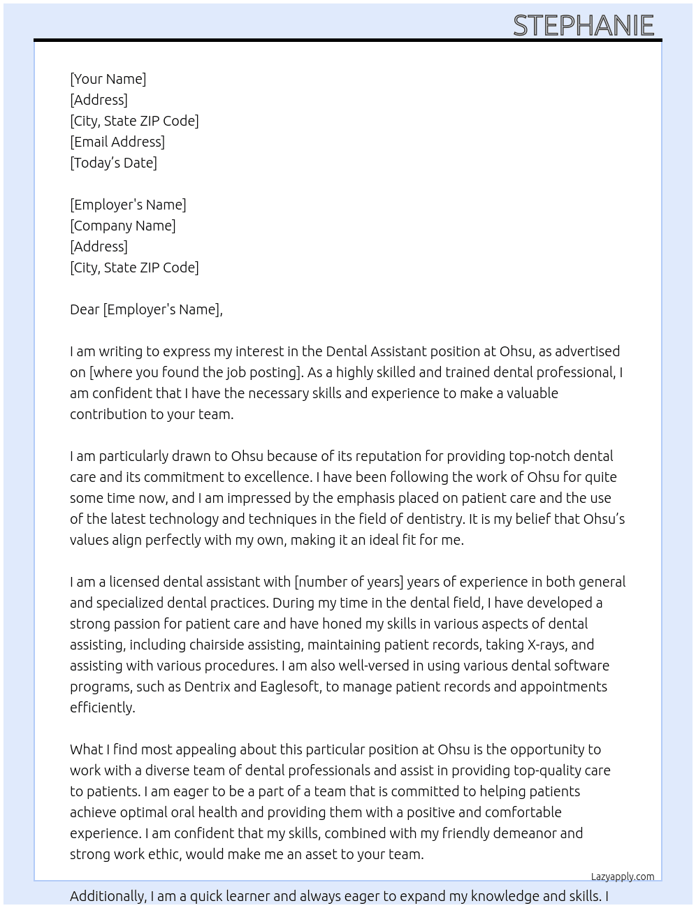 Dental assistant  At Ohsu Cover Letter