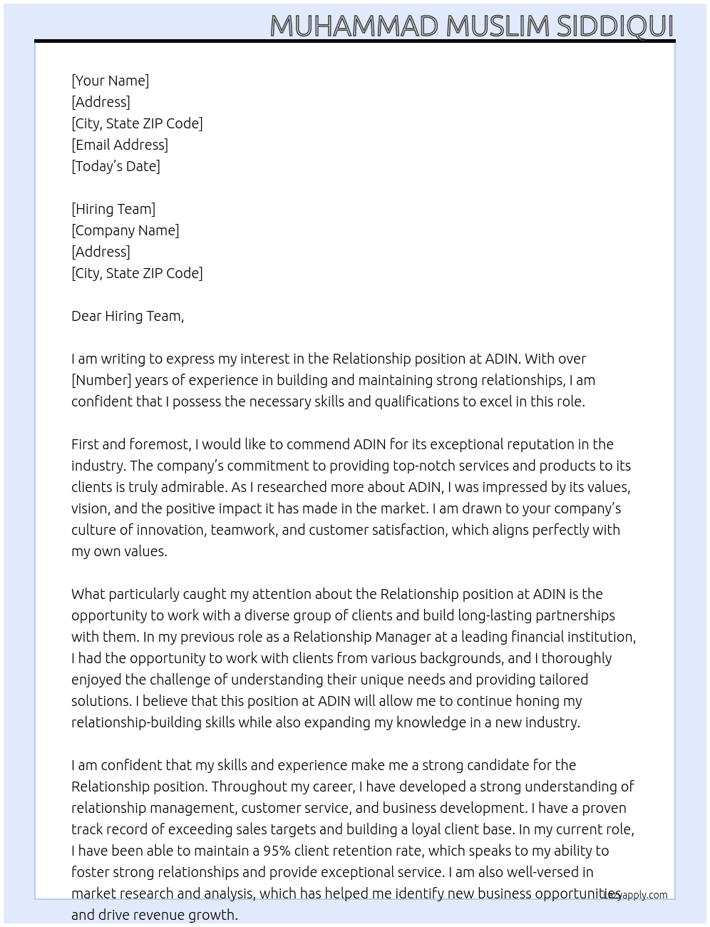 Relationship At ADIN Cover Letter