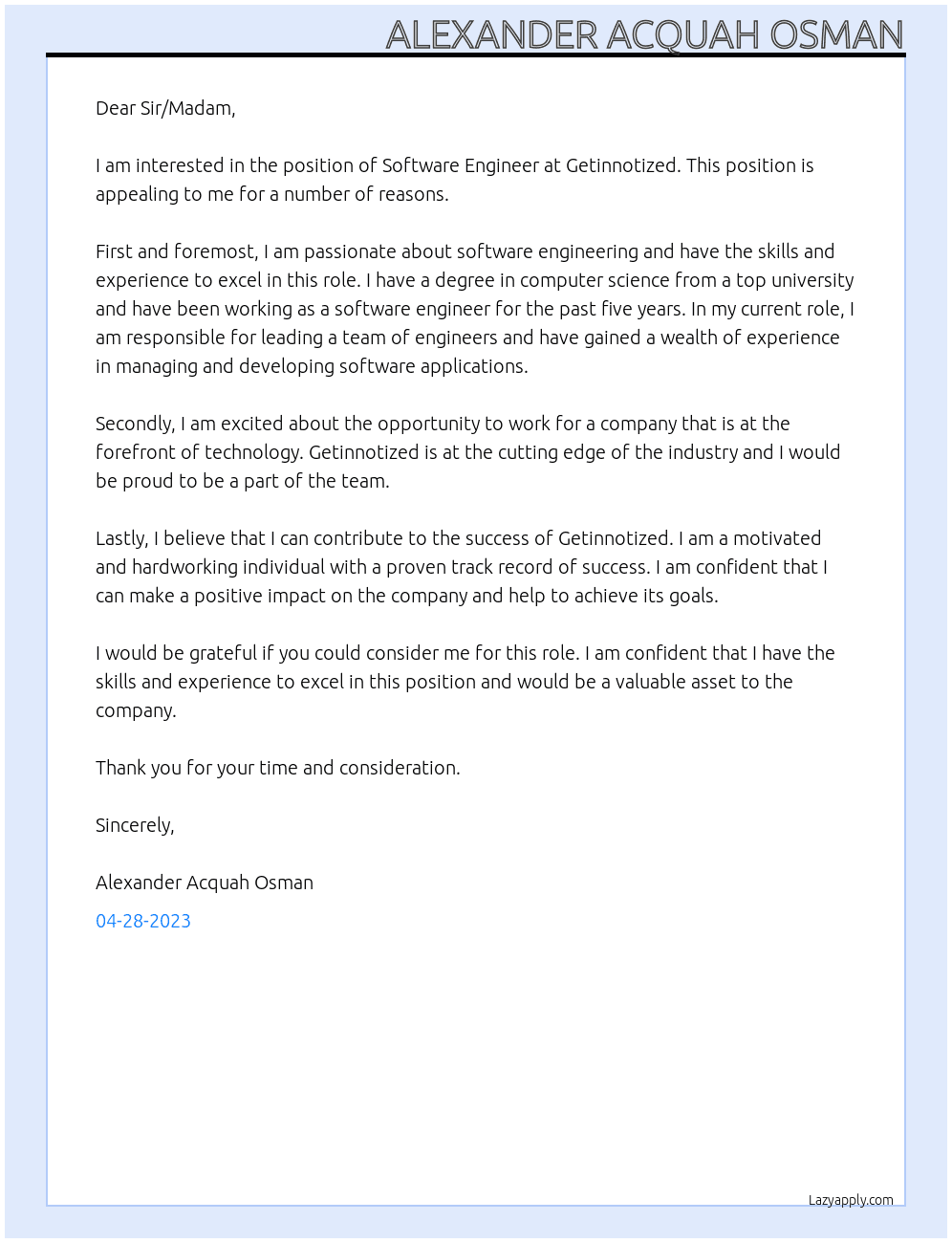 Software Engineer At Getinnotized Cover Letter