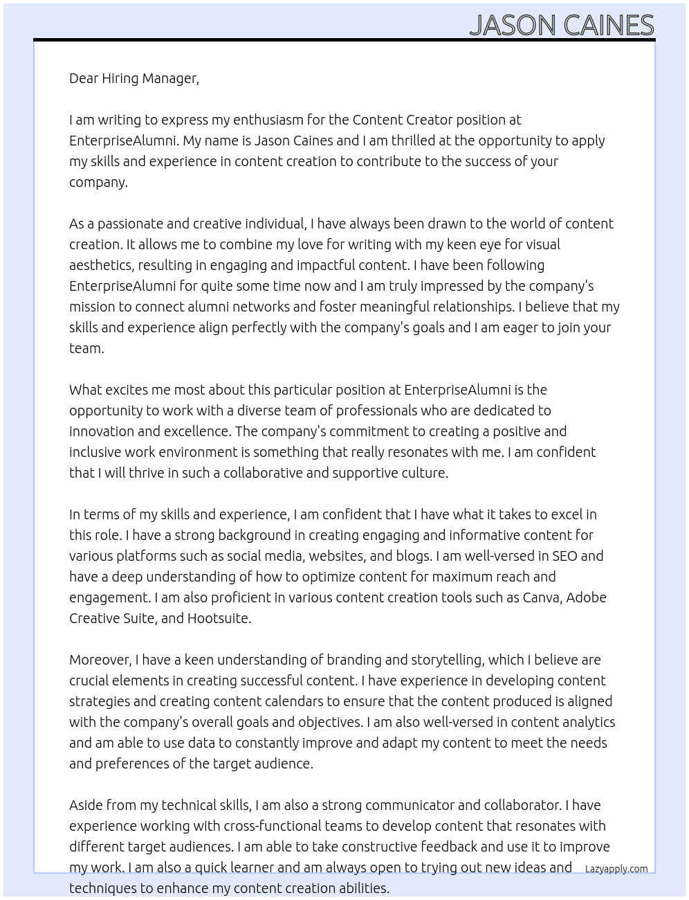 Content Creator At EnterpriseAlumni Cover Letter