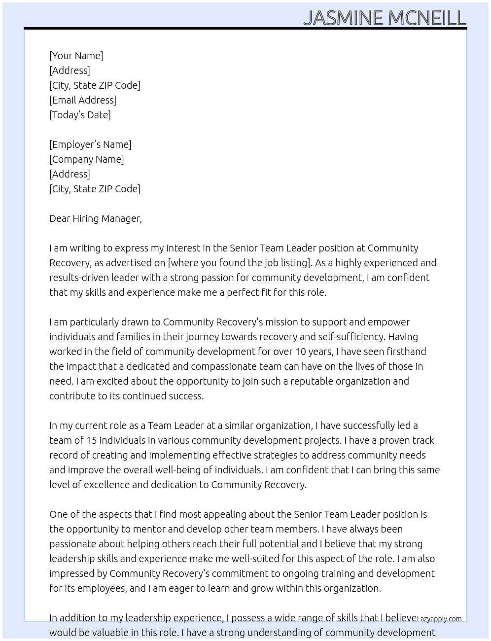 Senior Team Leader At Community Recovery Cover Letter