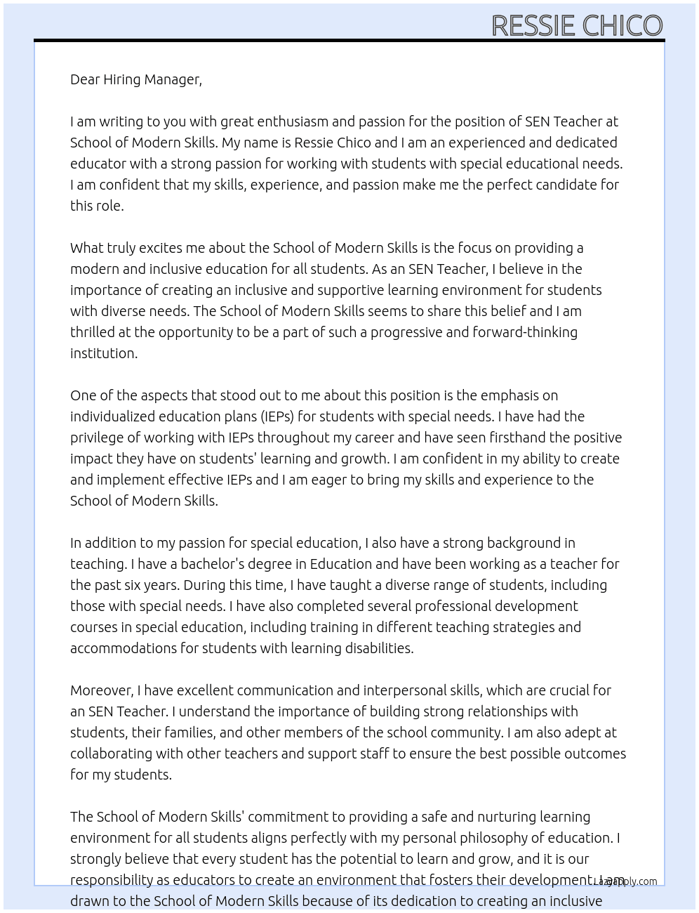 SEN Teacher At School of Modern Skills Cover Letter