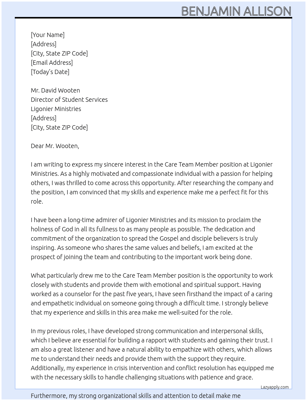 Care Team Member At Ligonier Ministries Cover Letter
