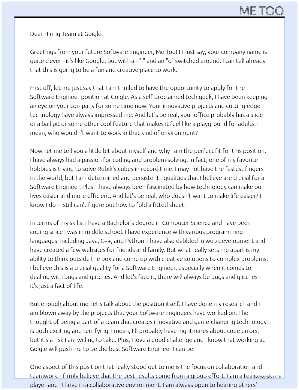 Software Engineer At Goigle Cover Letter