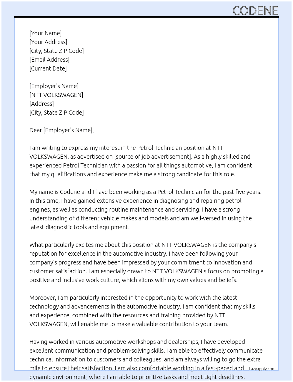 Petrol Technician At NTT VOLKSWAGEN Cover Letter