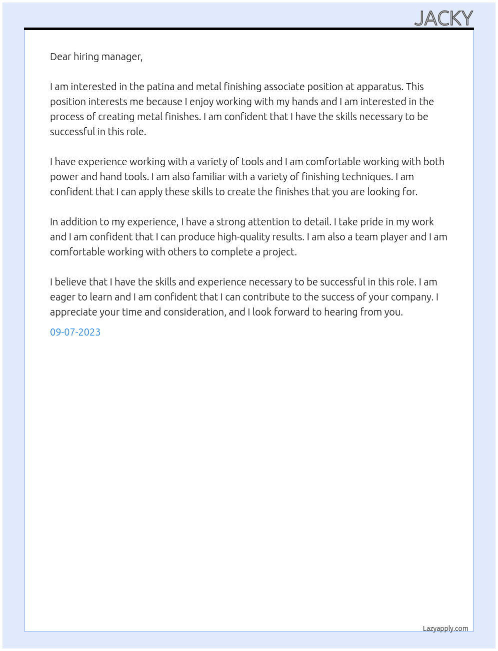 patina and metal finishing associate At apparatus Cover Letter