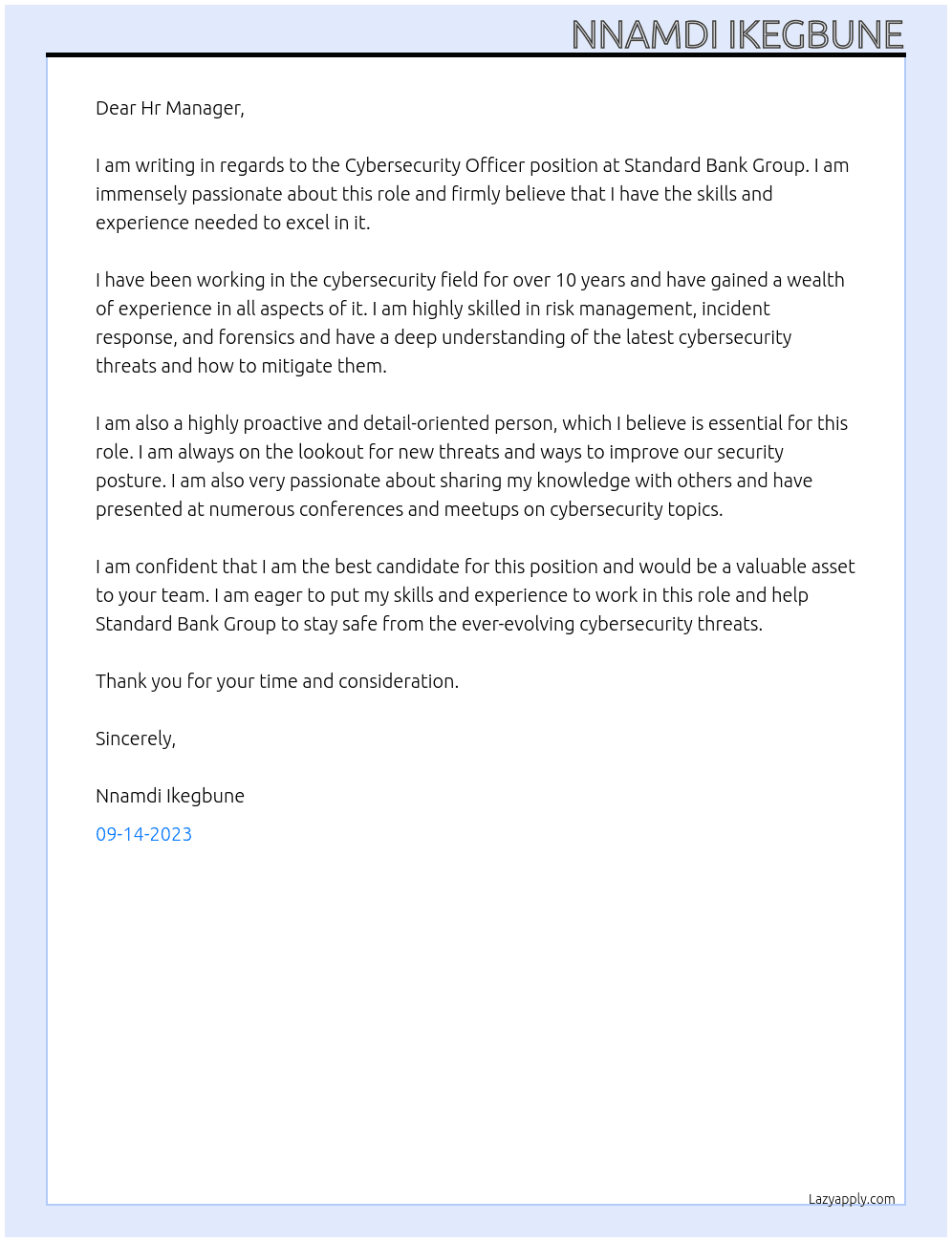 Cybersecurity Officer At Standard Bank Group Cover Letter