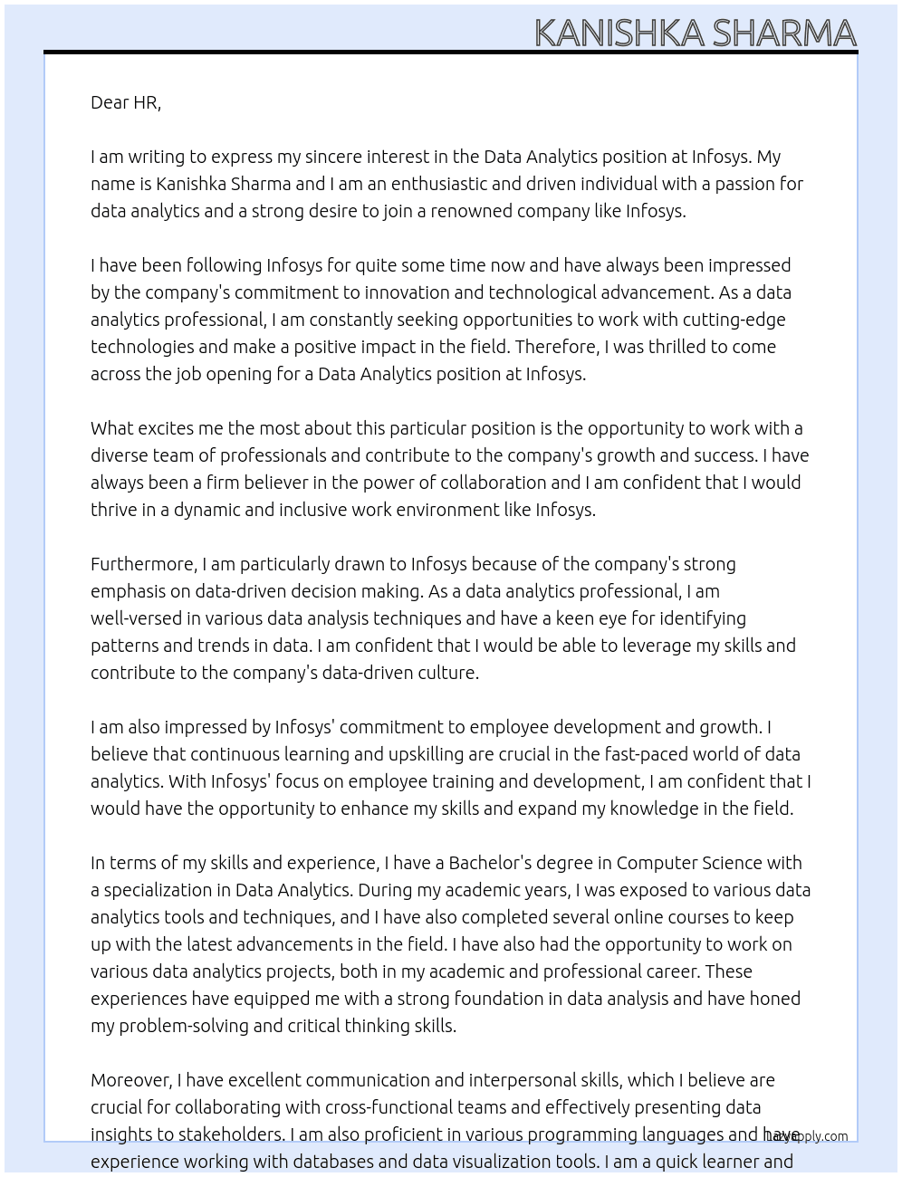 data analytics At infosys Cover Letter