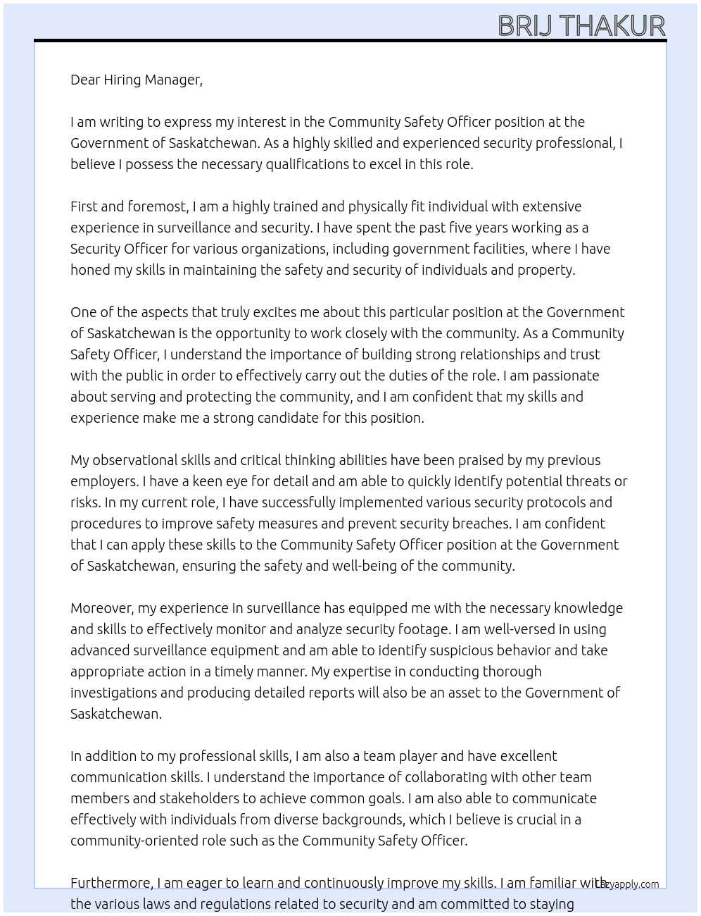 Community Safety Officer At Government of Saskatchewan Cover Letter