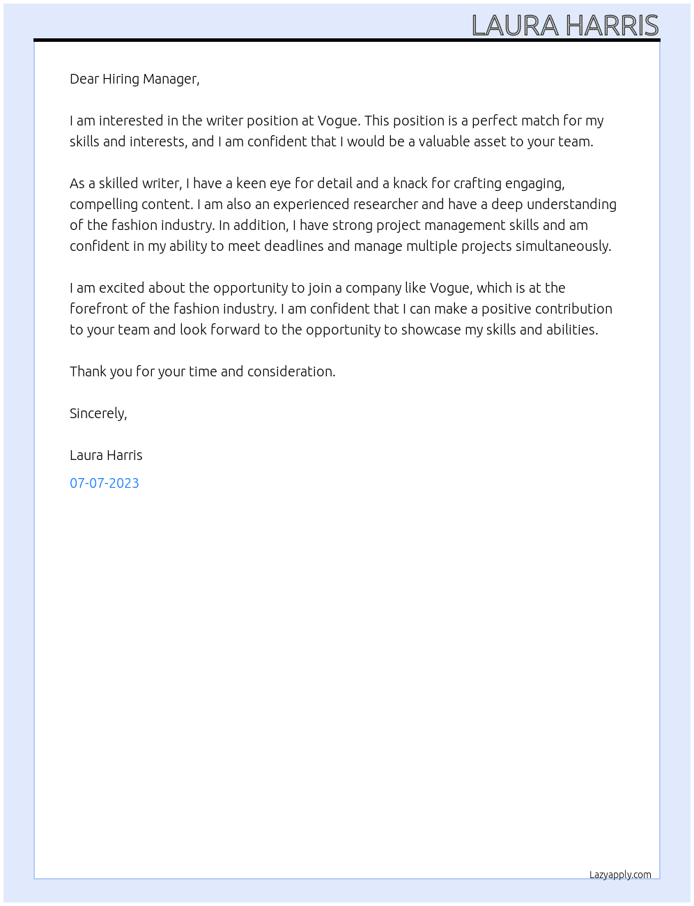writer At Vogue Cover Letter