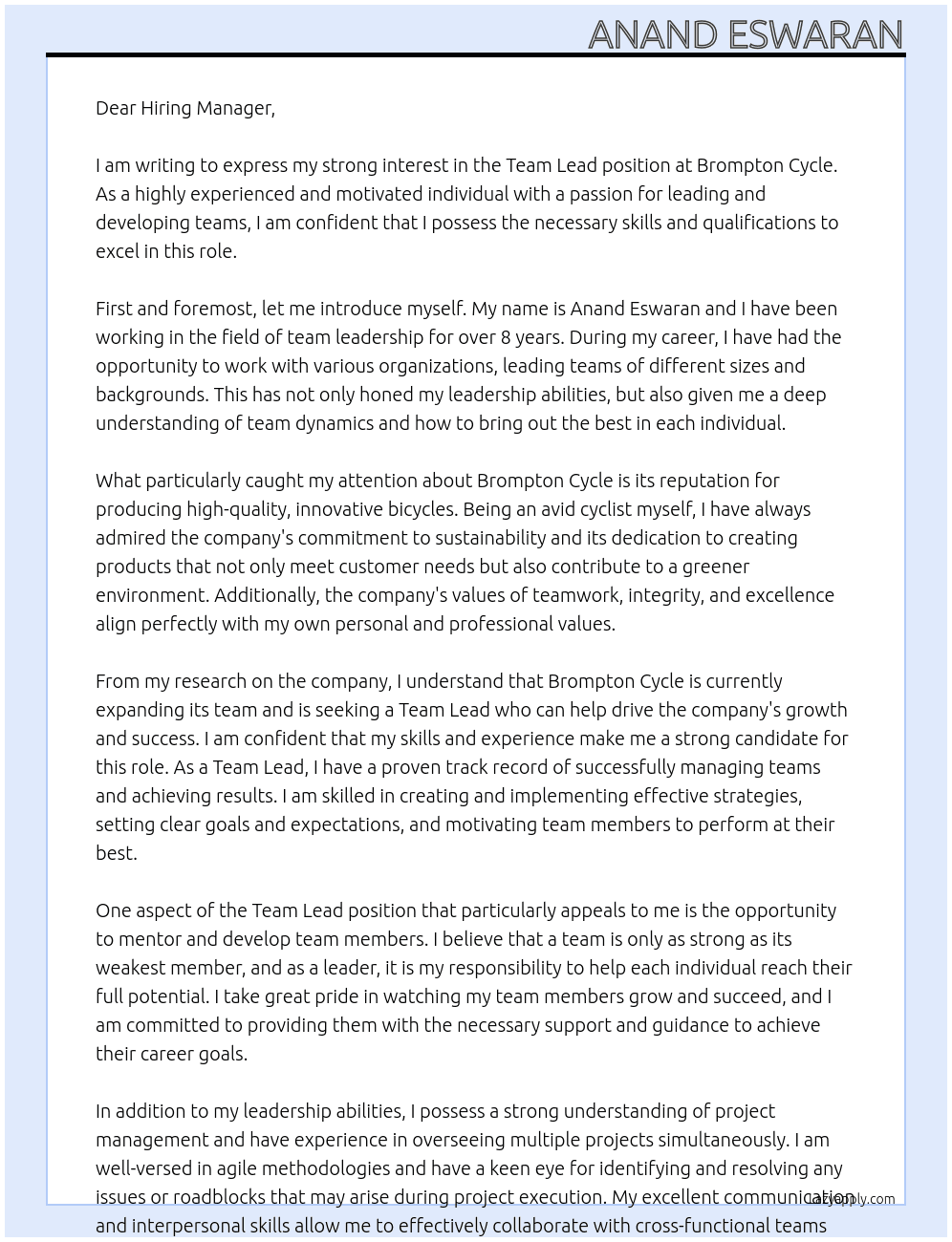 Team Lead At brompton Cycle Cover Letter