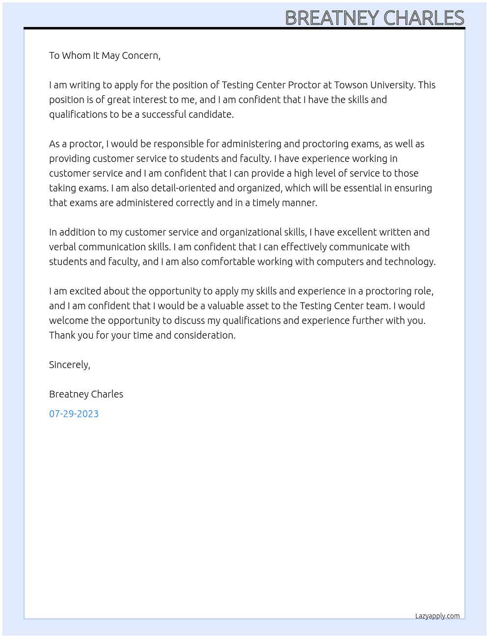 Testing Center Proctor  At Towson University Cover Letter