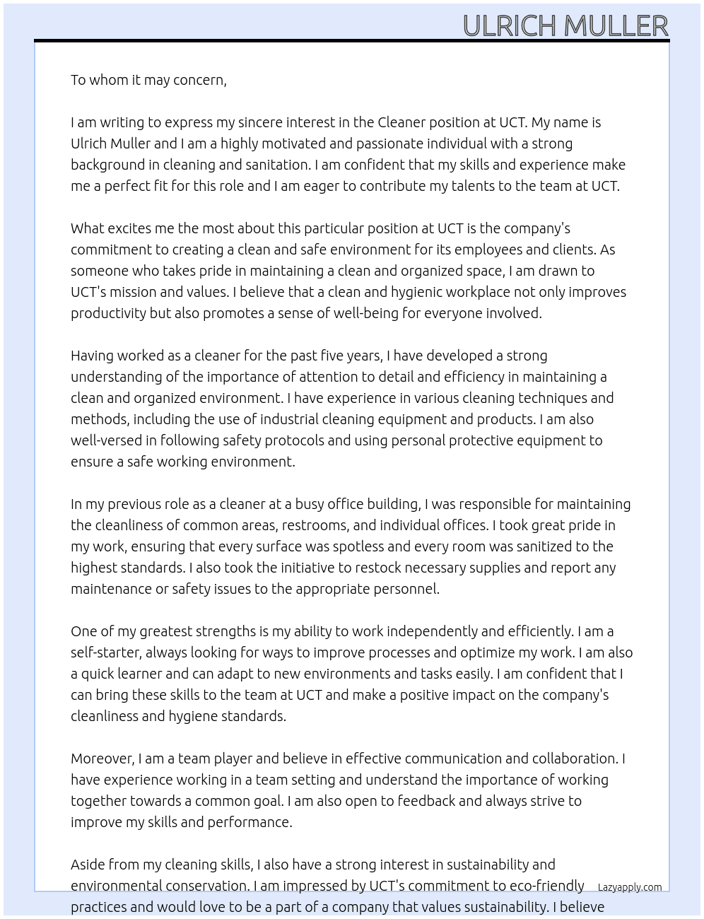 Cleaner At UCT Cover Letter