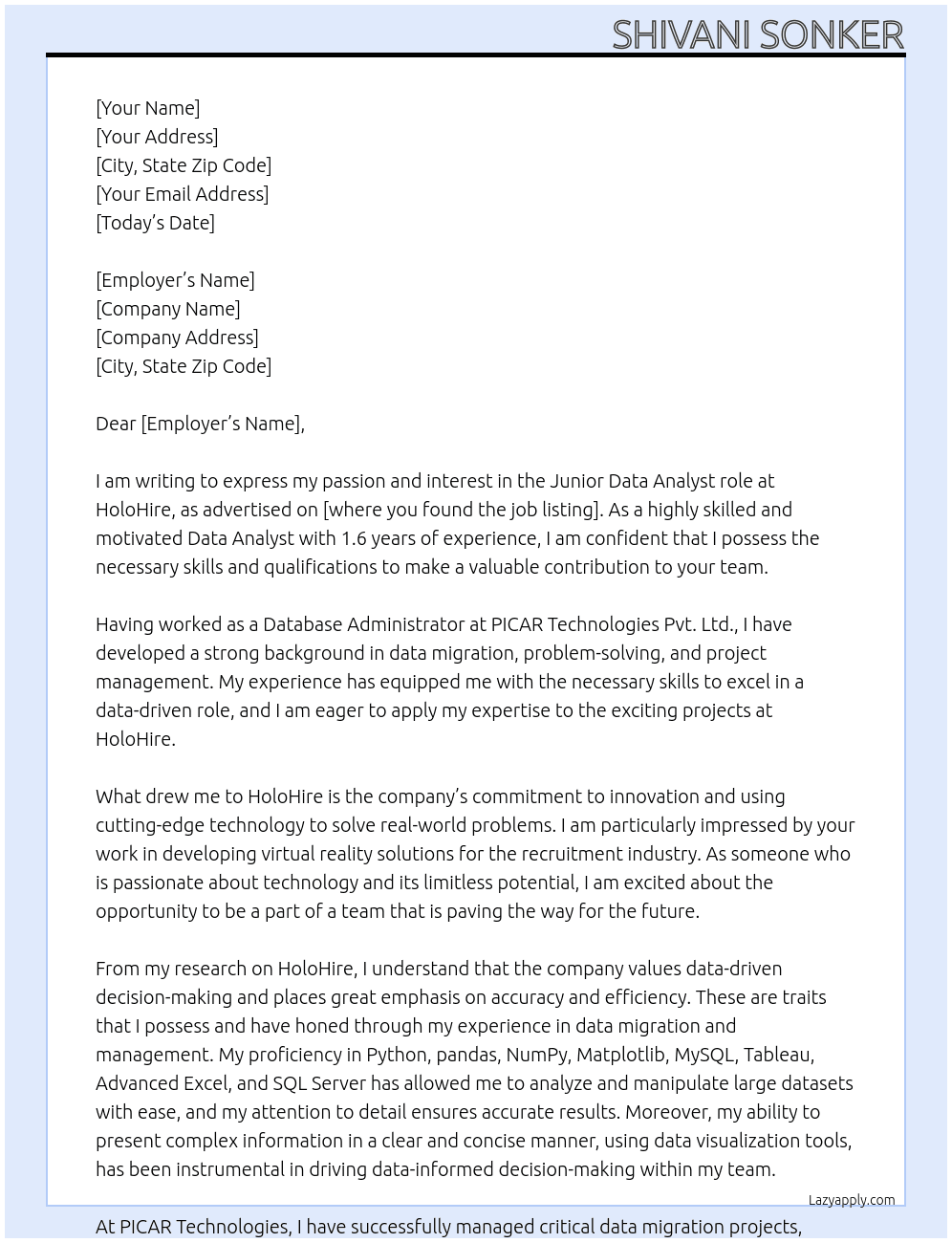 Data Analyst At HoloHire Cover Letter