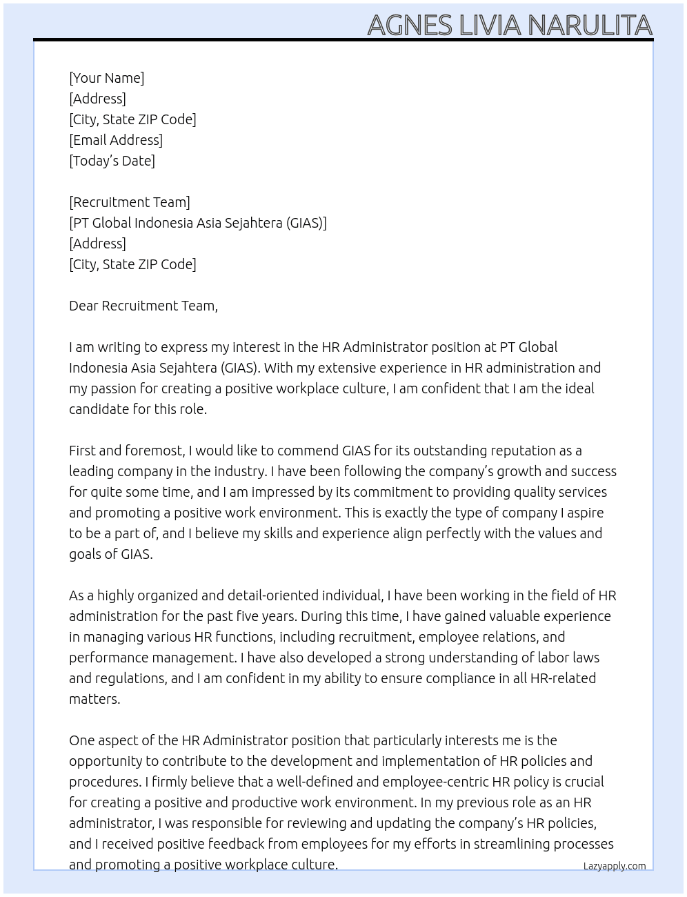 HR Administrator At PT Global Indonesia Asia Sejahtera (GIAS) Cover Letter