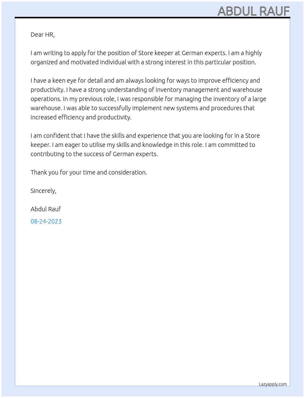 Store keeper  At German experts Cover Letter