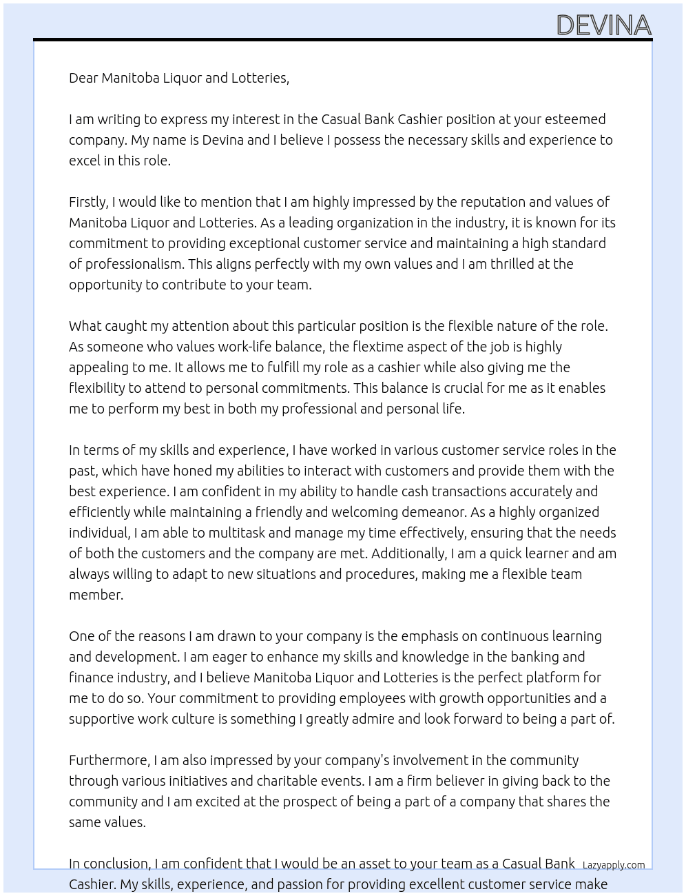 Casual Bank Cashier At Manitoba Liquor and Lotteries Cover Letter