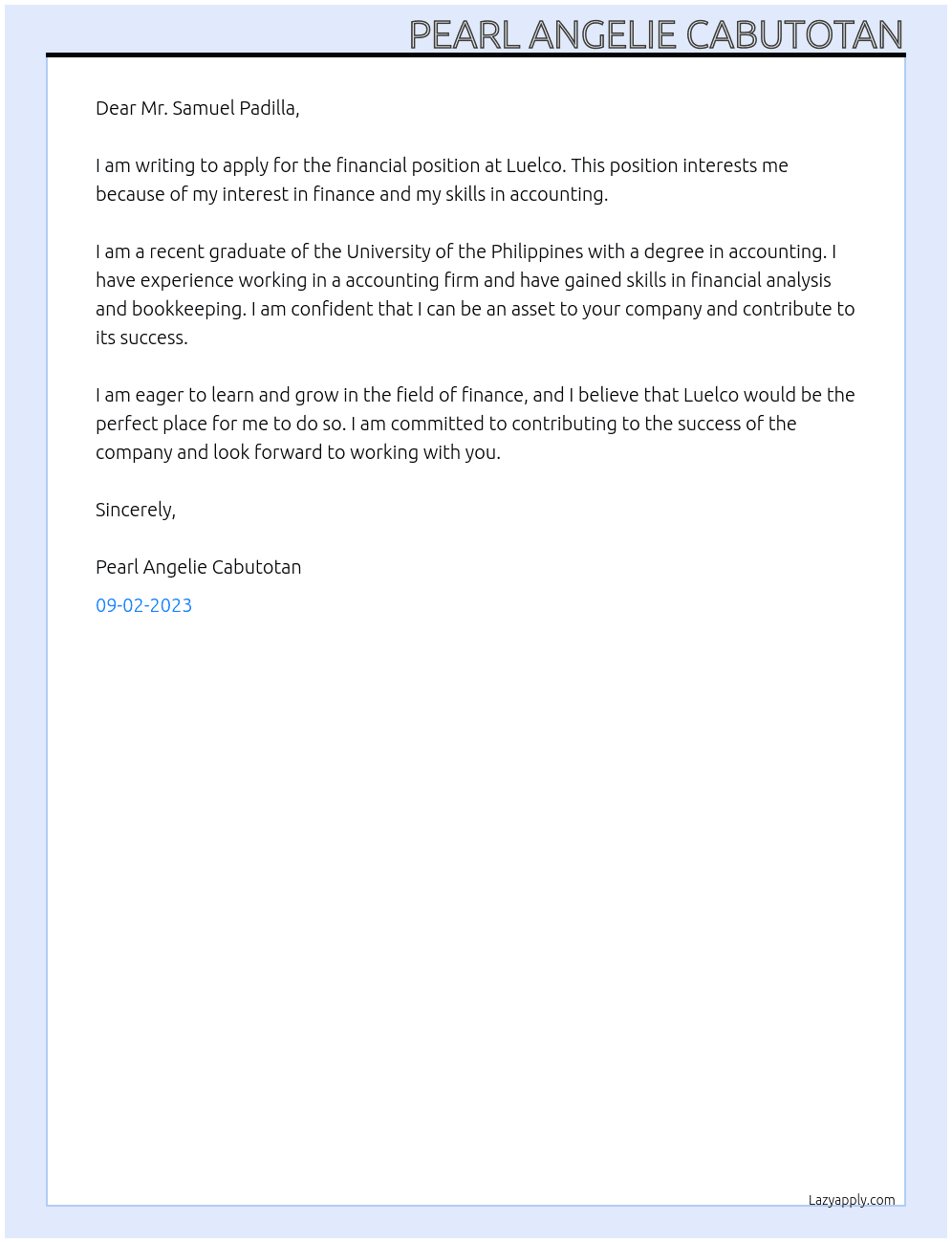 Financial position At Luelco Cover Letter