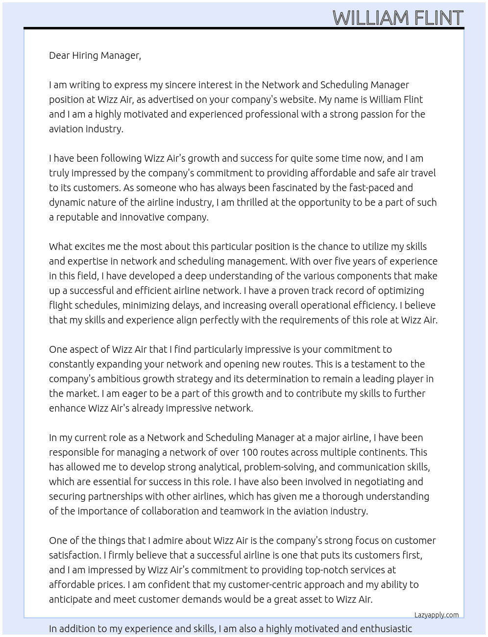 Network and Scheduling Manager At Wizz Air Cover Letter