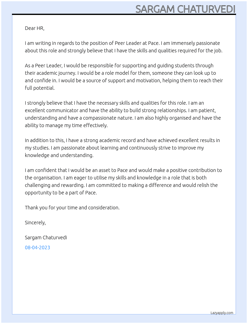 Peer Leader At Pace Peer Leader Cover Letter