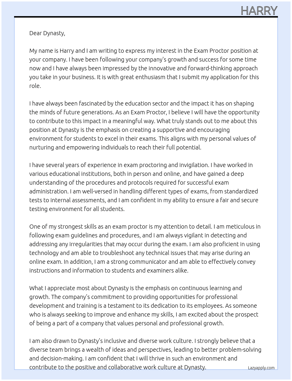 Exam Proctor At Dynasty  Cover Letter