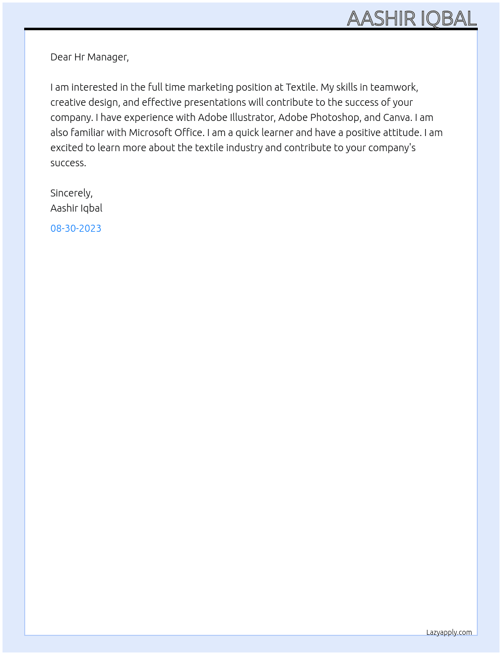 marketing At Textile Cover Letter