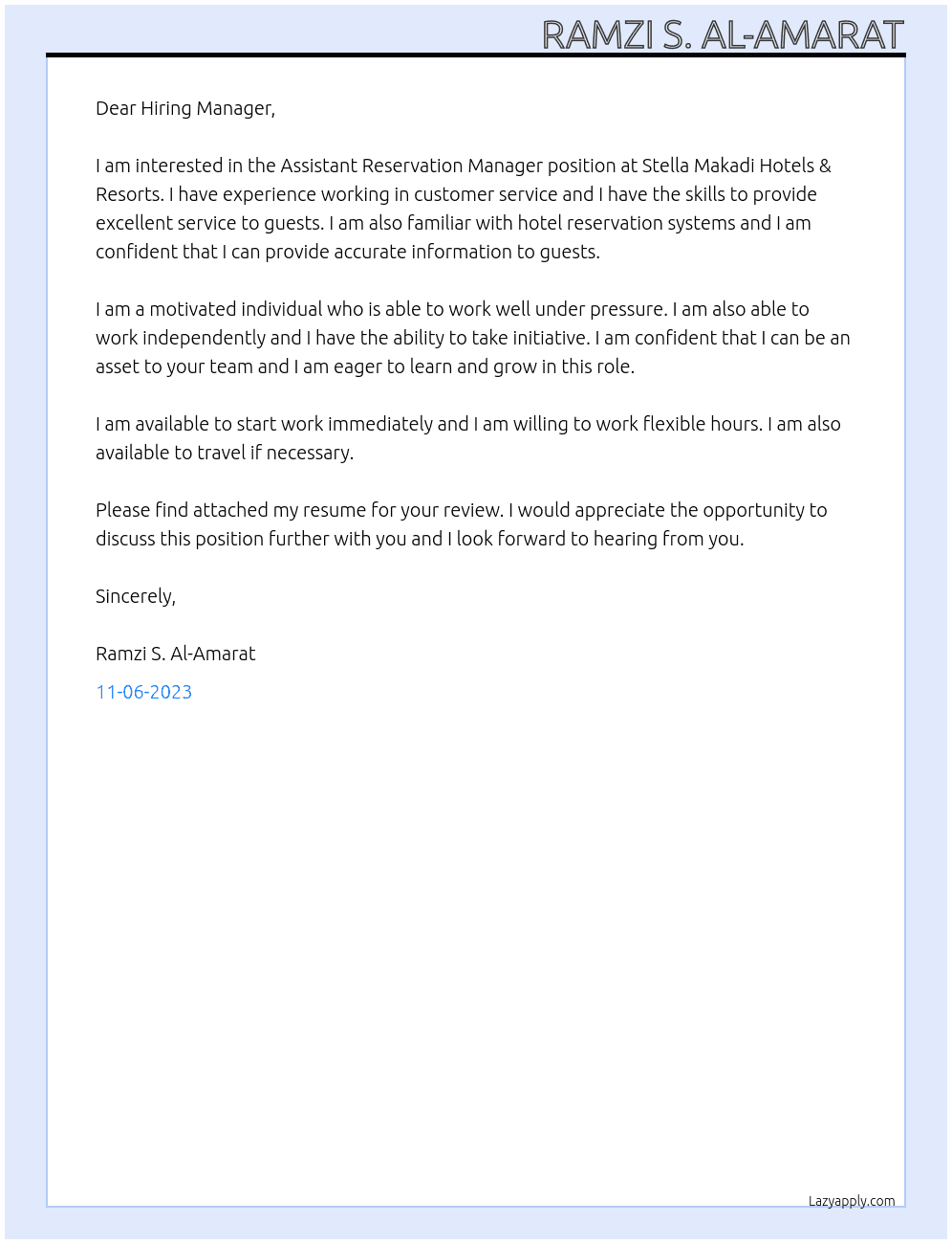 Assistant Reservation Manager  At Stella Makadi Hotels & Resorts  Cover Letter