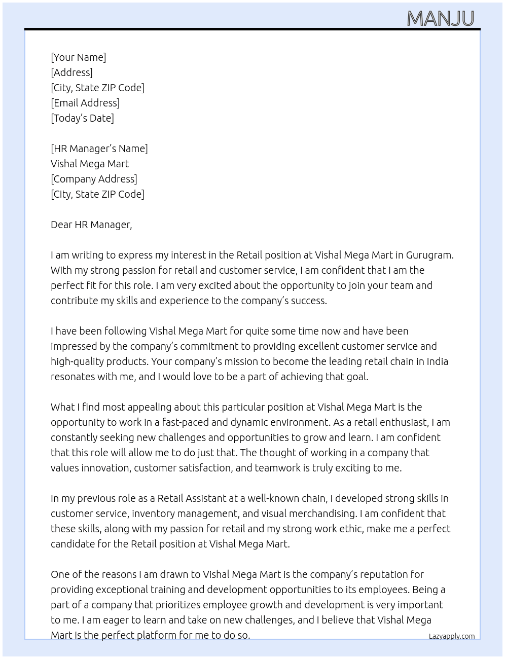 Retail  At Vishal Mega Mart  Cover Letter