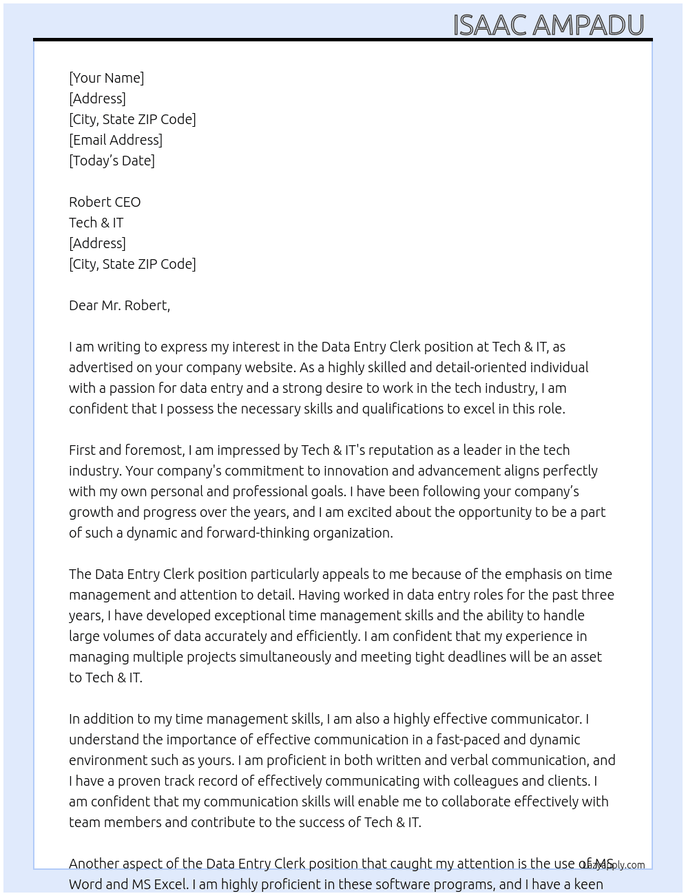 Data Entry Clerk  At Tech & IT Cover Letter