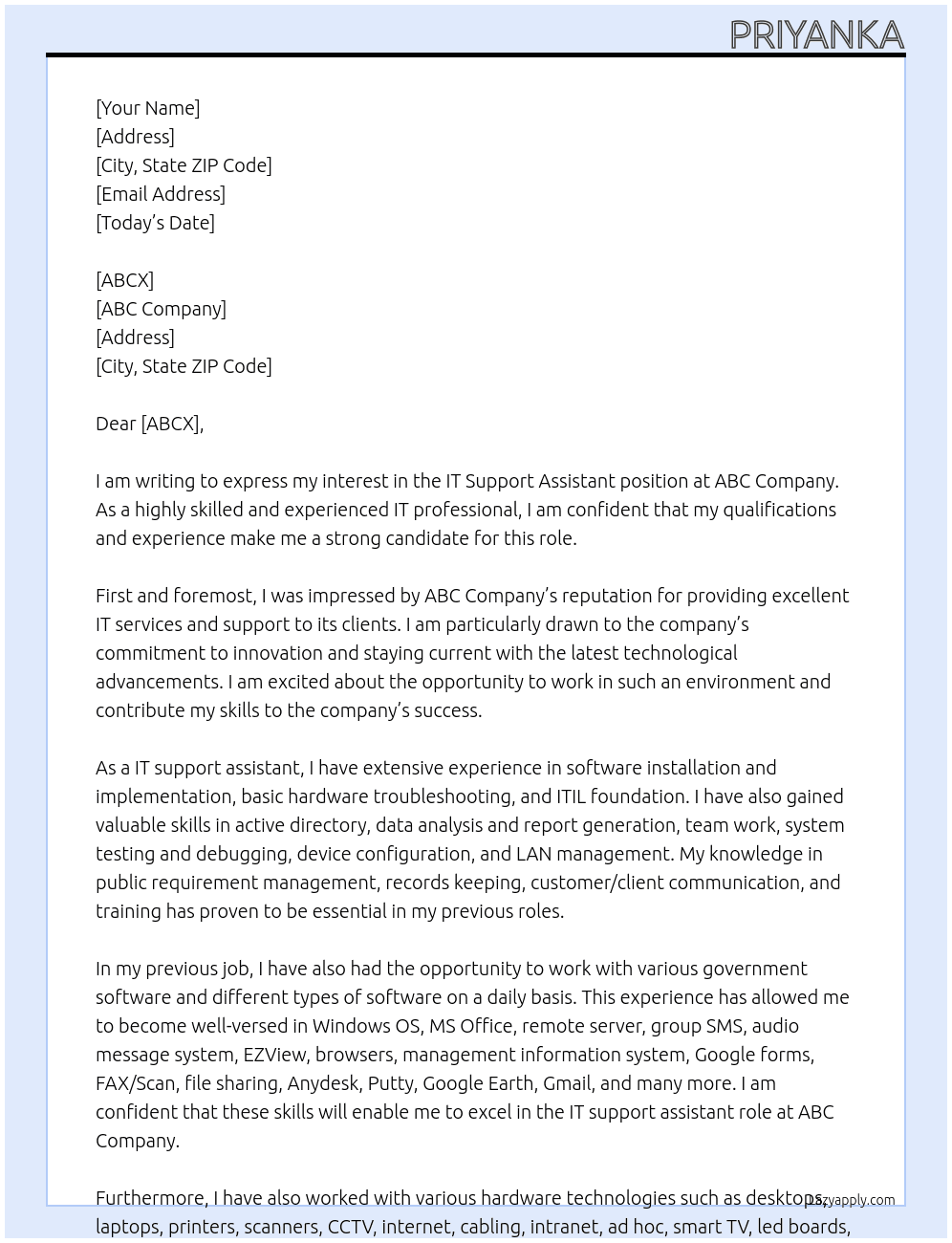IT support Assistant At ABC Cover Letter