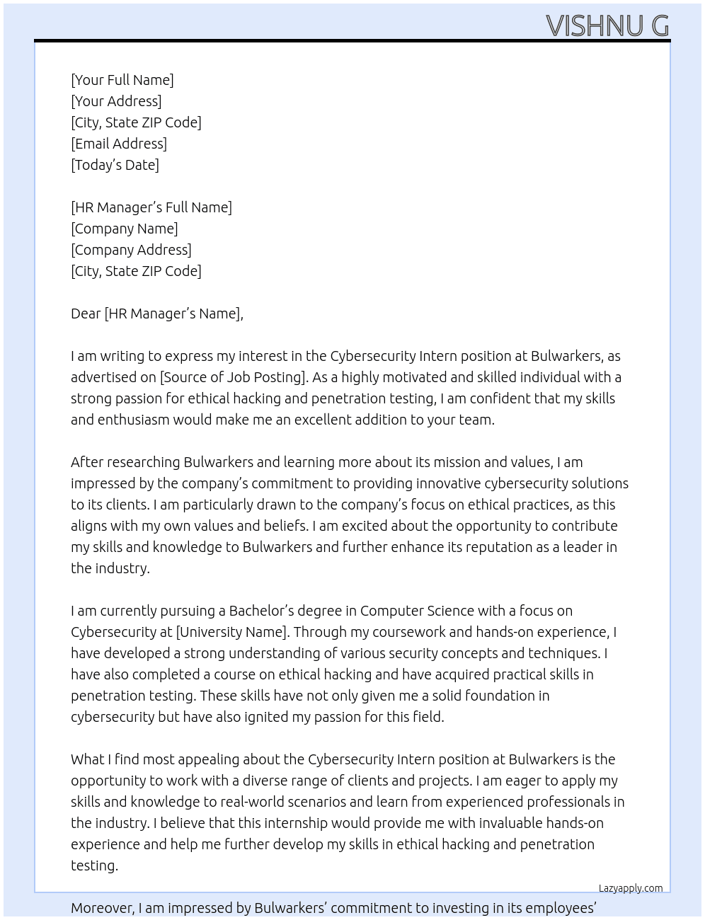Cybersecurity intern At Bulwarkers Cover Letter