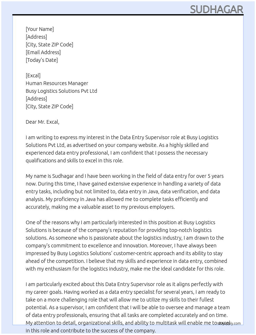 Data entry  At Busy logistics solutions pvt Ltd  Cover Letter