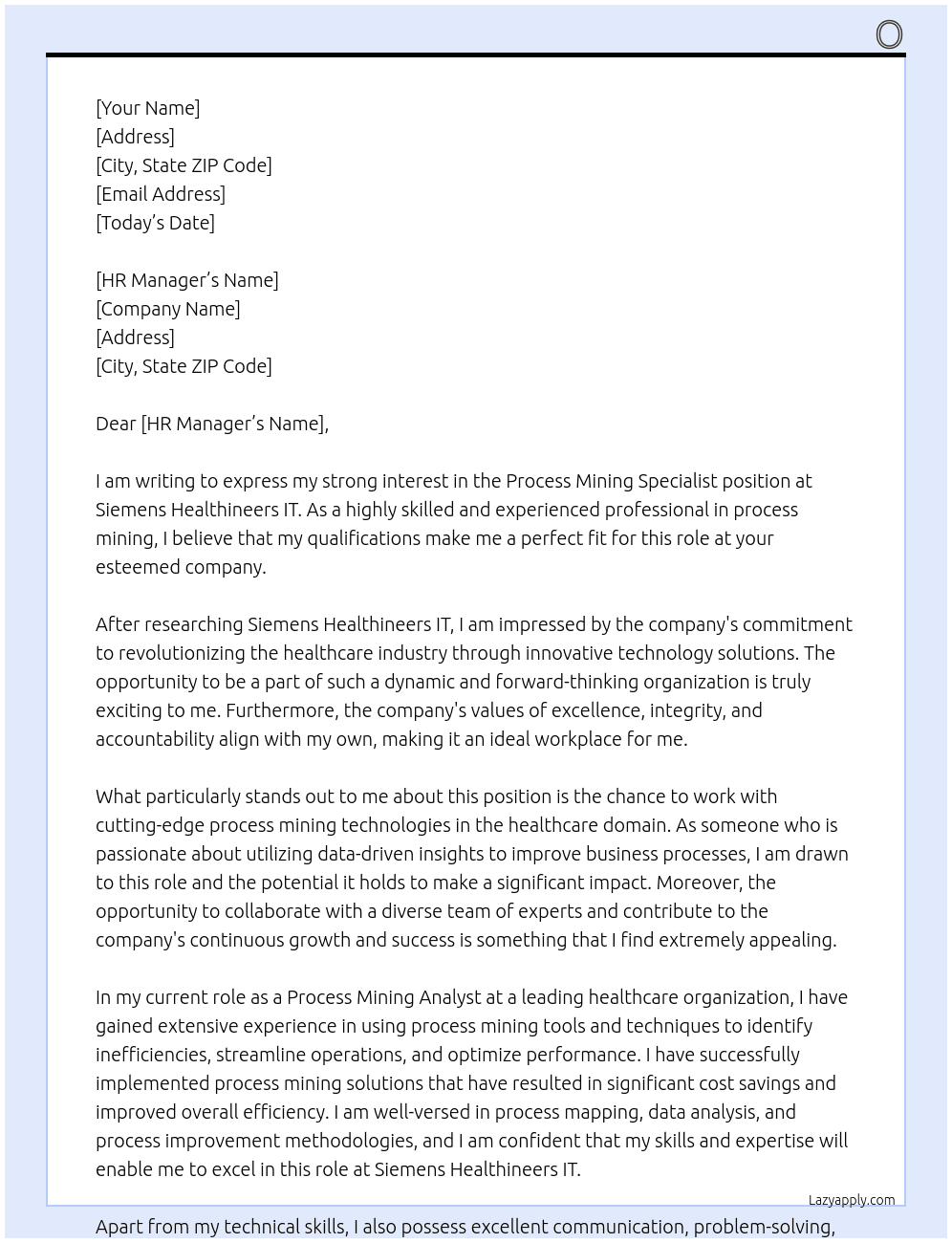 Process Mining Specialist At Siemens Healthineers IT Cover Letter