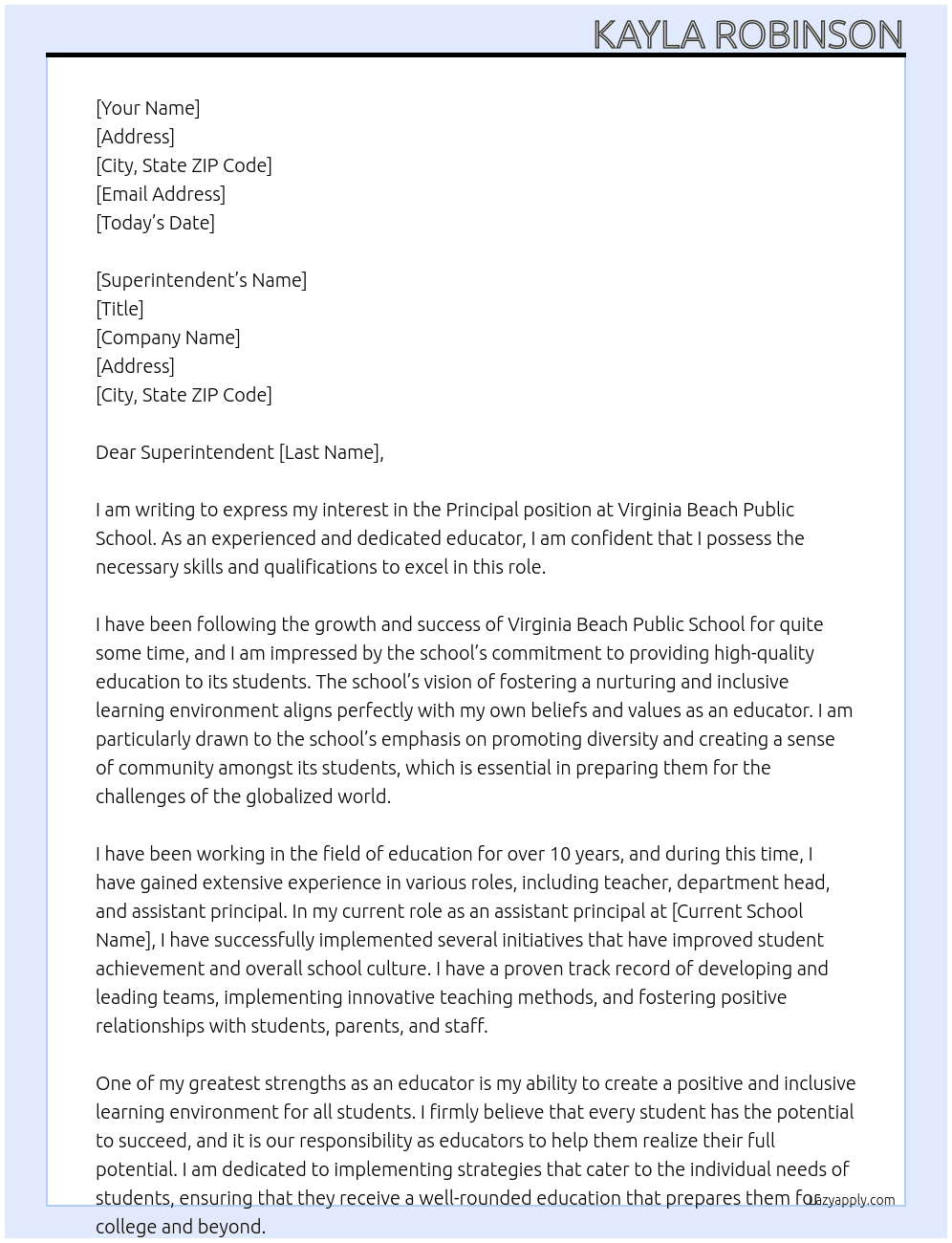 Principal At Virginia Beach Public School  Cover Letter