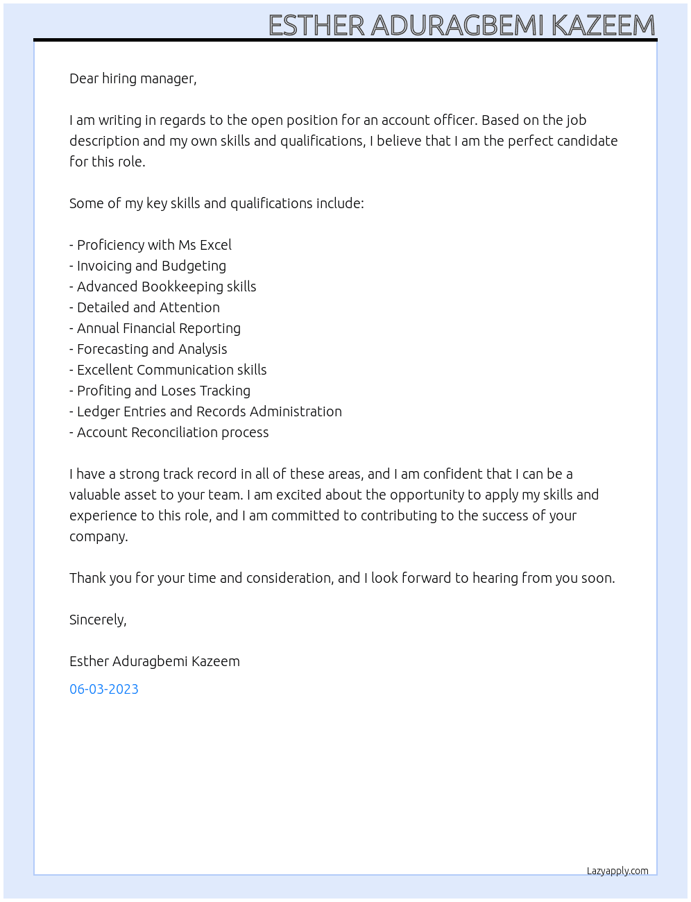 Account officer At ........ Cover Letter
