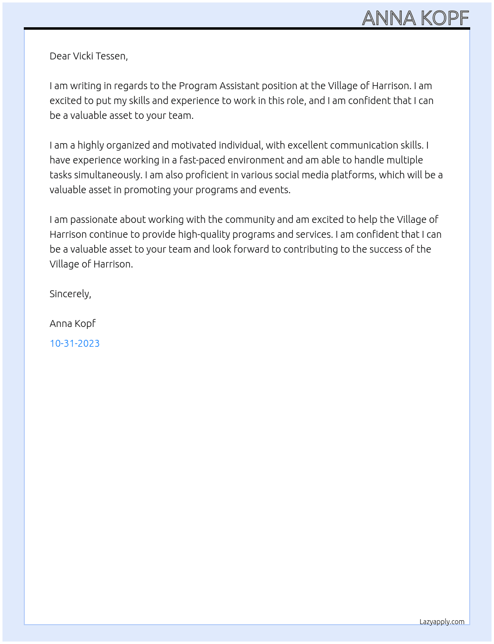 Program Assistant At Village of Harrison Cover Letter