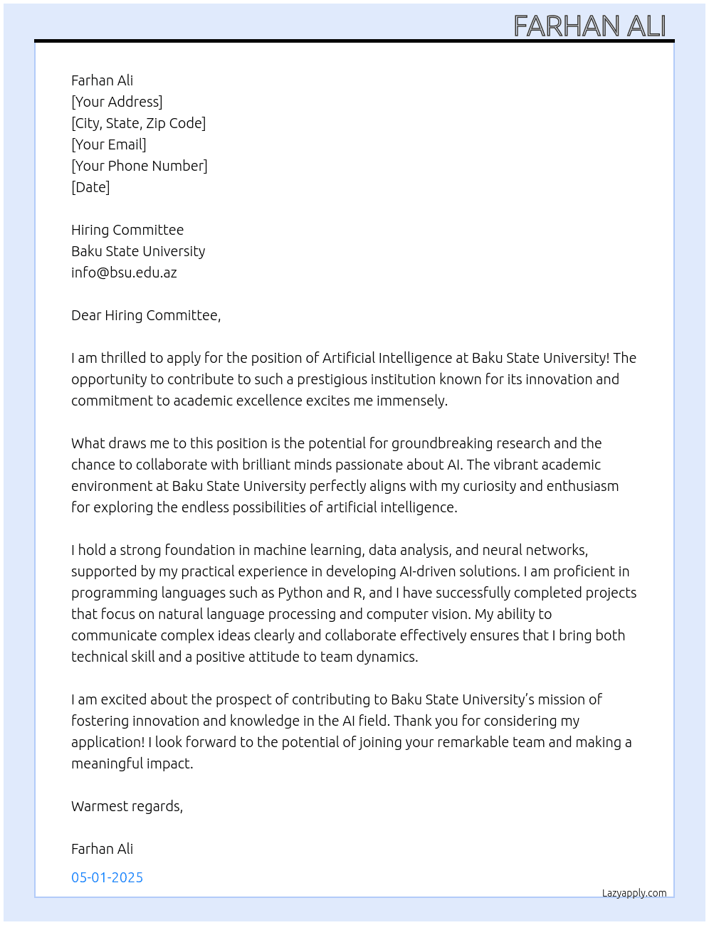 Artificial Intelligence  At Baku State University  Cover Letter