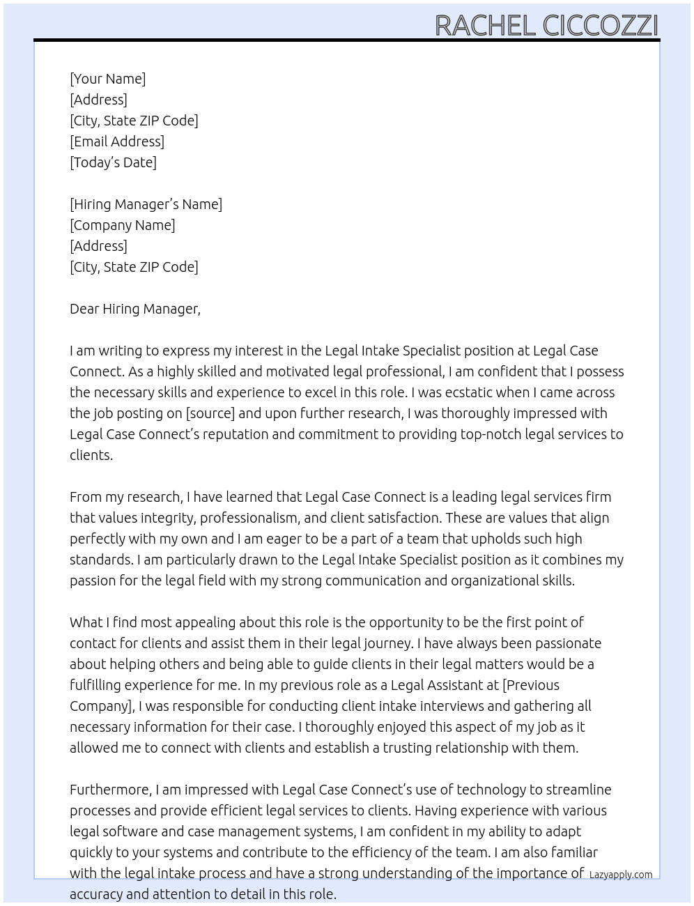 Legal Intake Specialist At Legal Case Connect Cover Letter