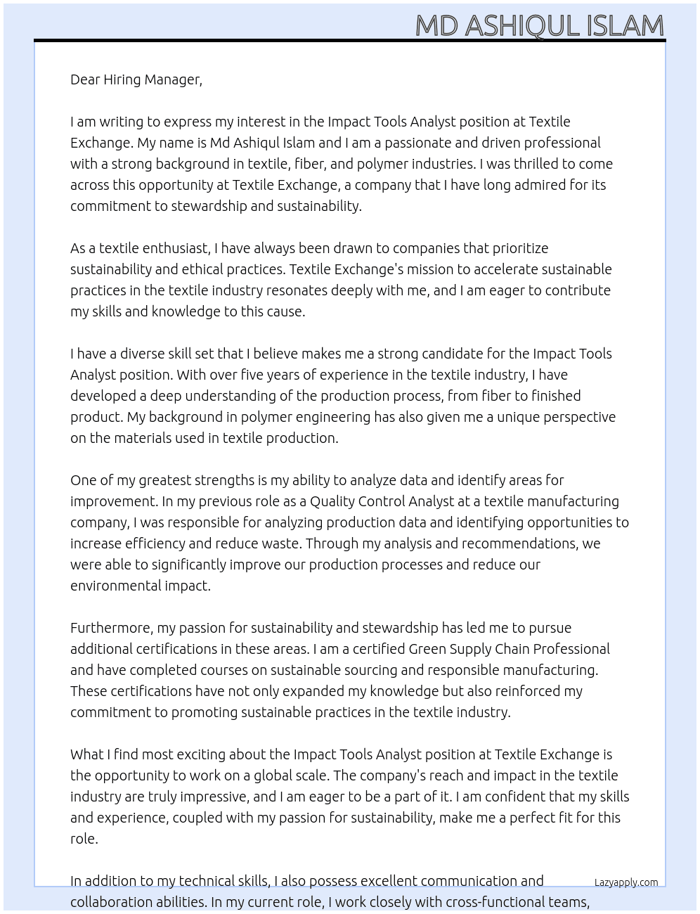 Impact Tools Analyst  At Textile exchange Cover Letter