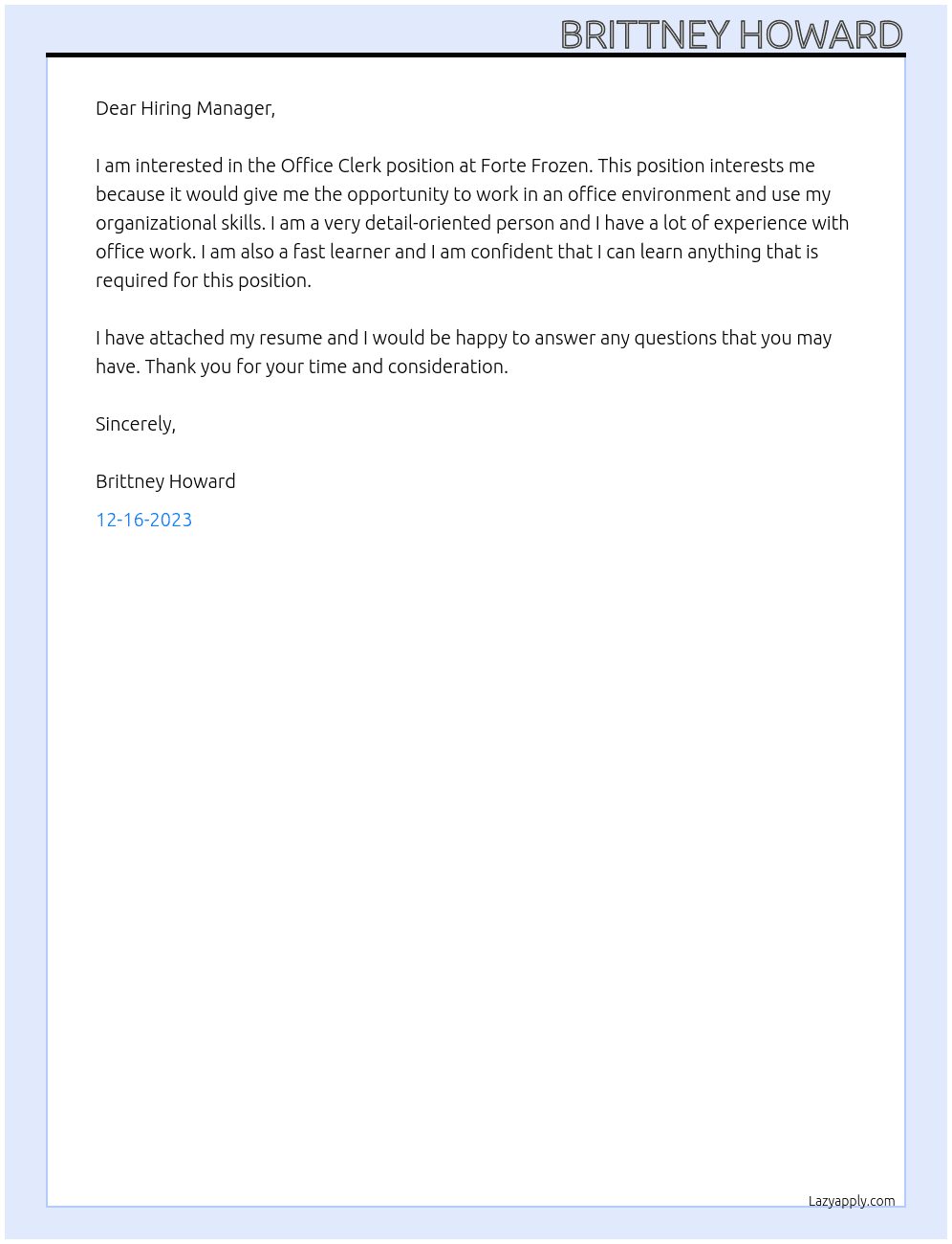 Office Clerk At Forte Frozen Cover Letter