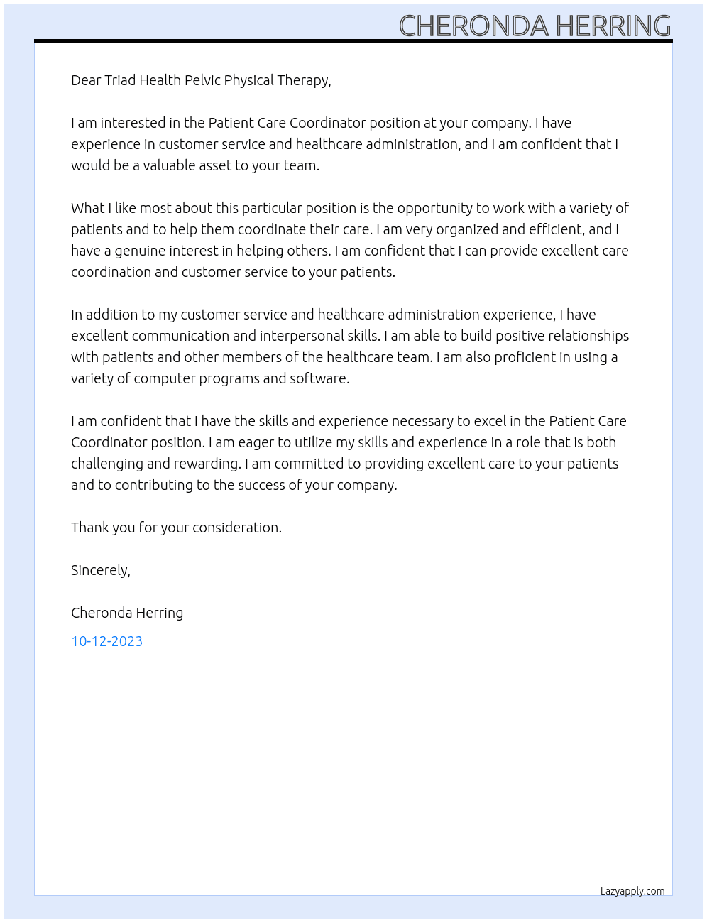 Patient Care Coordinator At Triad Health Pelvic Physical Therapy Cover Letter