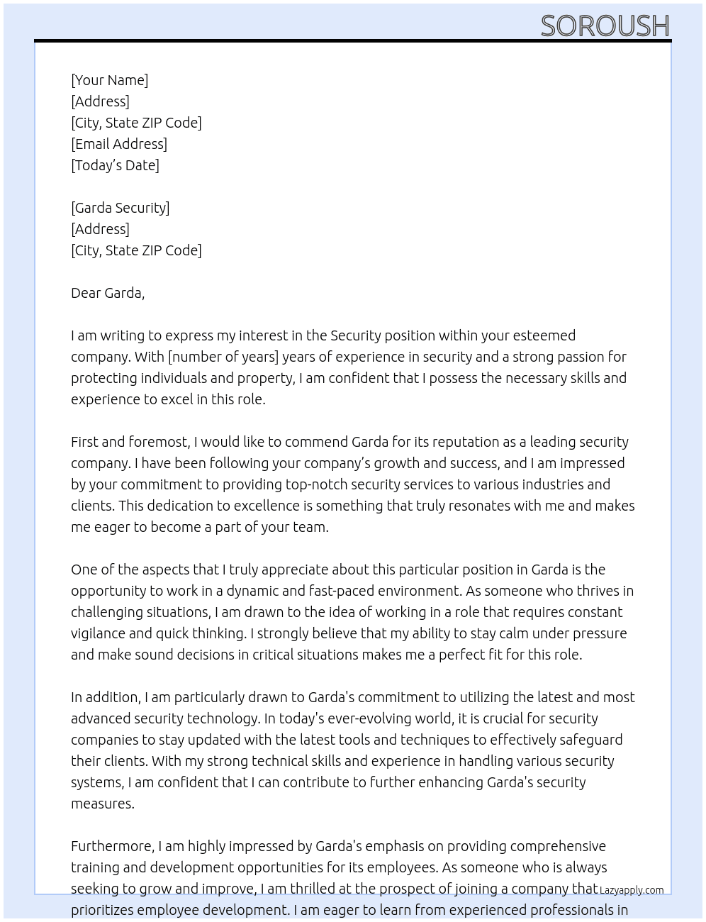 secuirty  At garda  Cover Letter