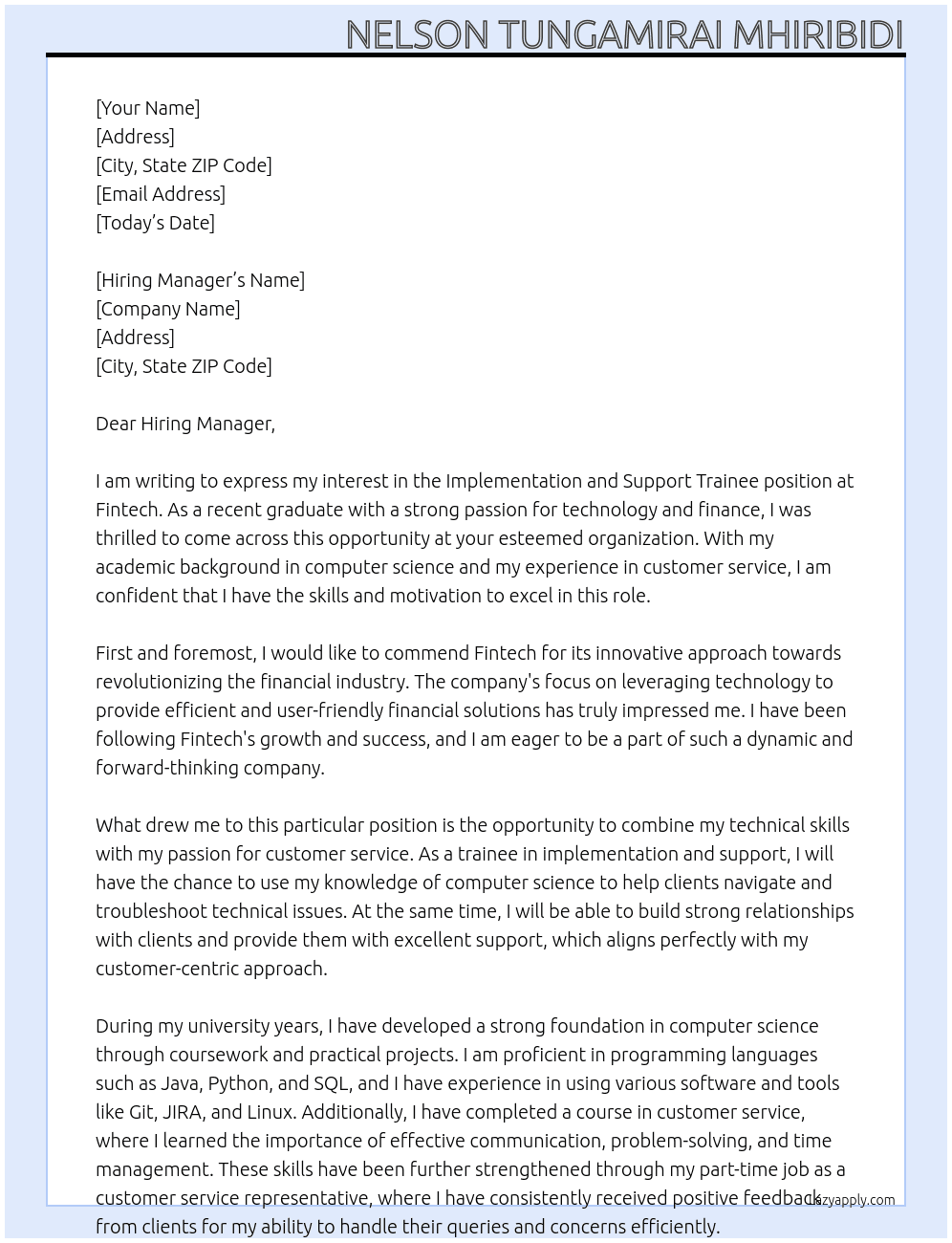 implementation and support trainee At Fintech Cover Letter