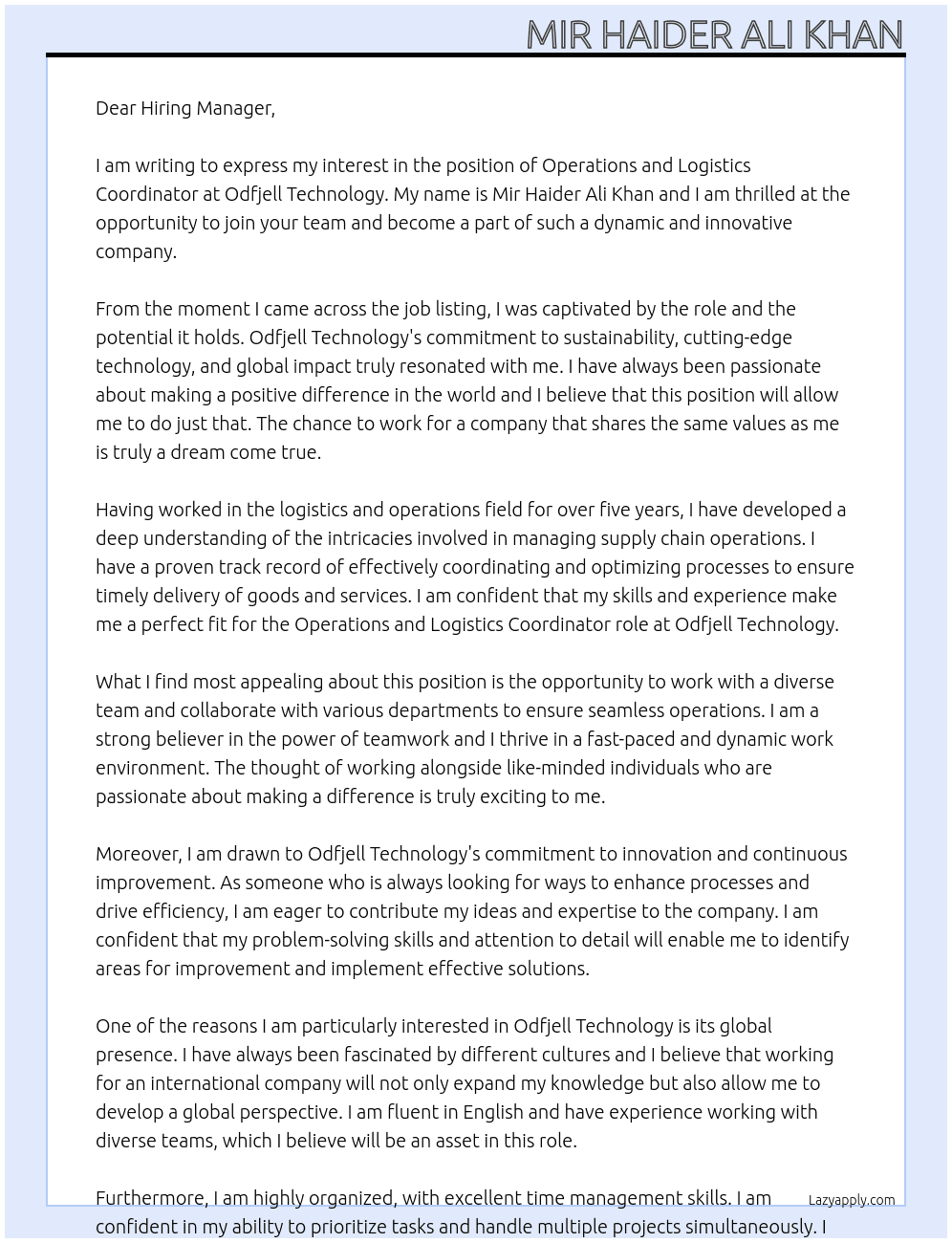 Operations and Logistics Coordinator At Odfjell Technology Cover Letter
