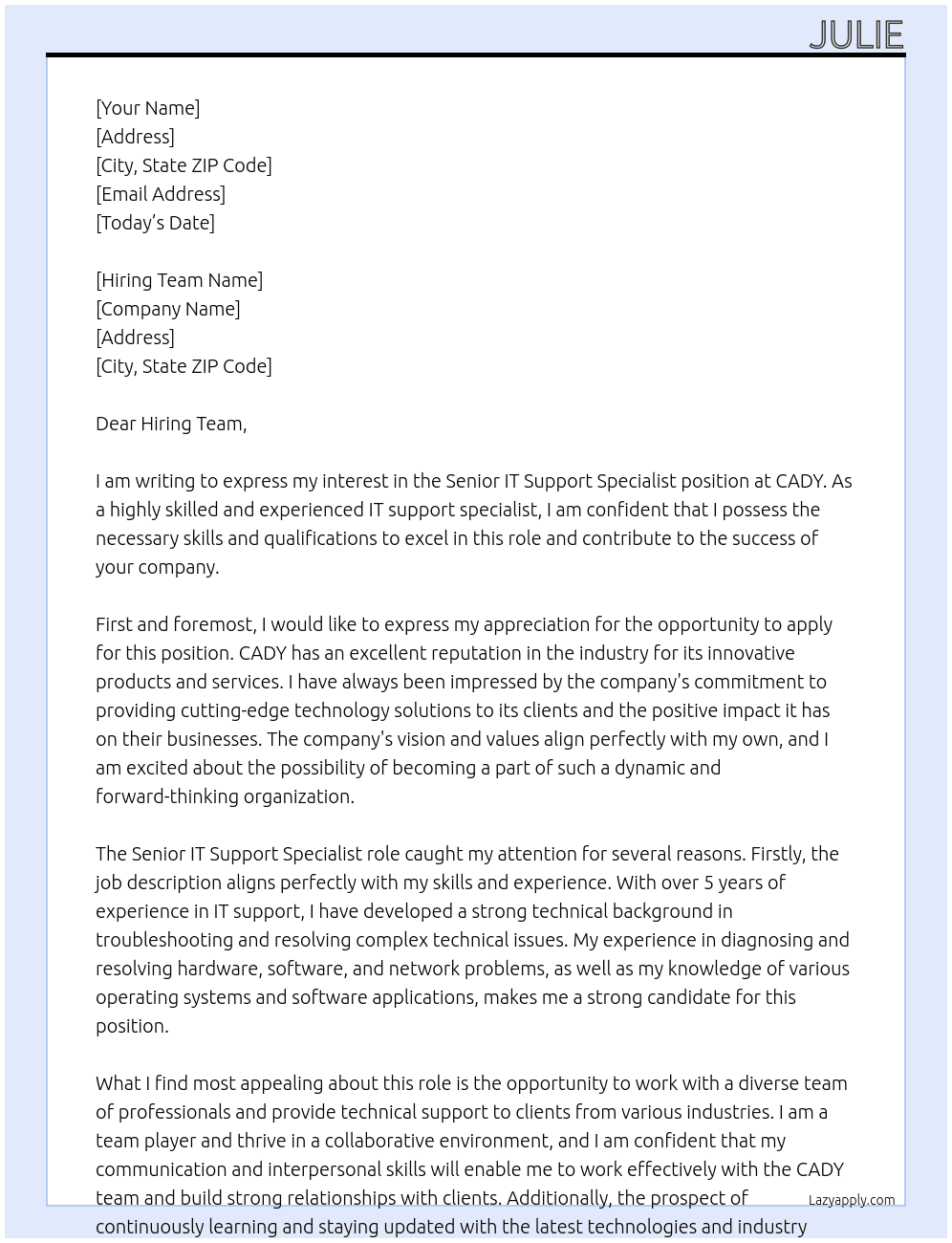 Senior IT Support Specialist At CADY Cover Letter