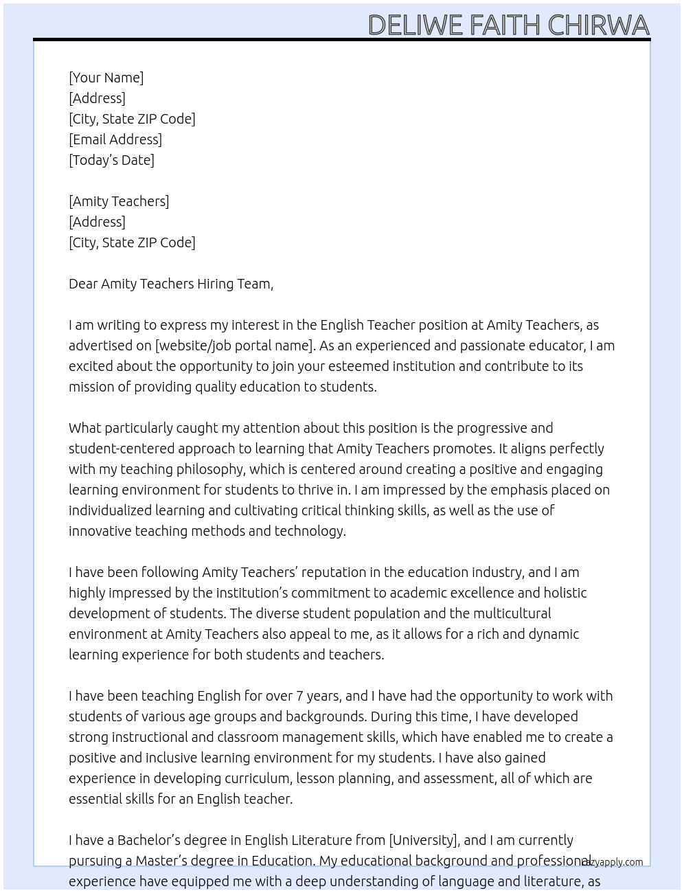 english teacher At Amity Teahcers Cover Letter