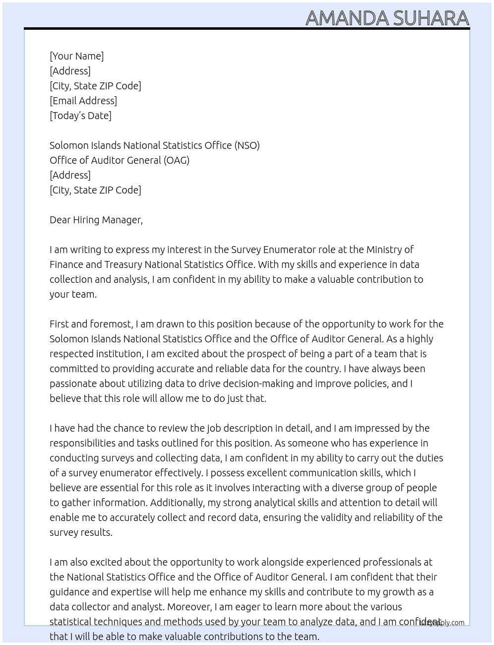 survey enumerator At Ministry of Finance and Treasury National Statistical Office Cover Letter