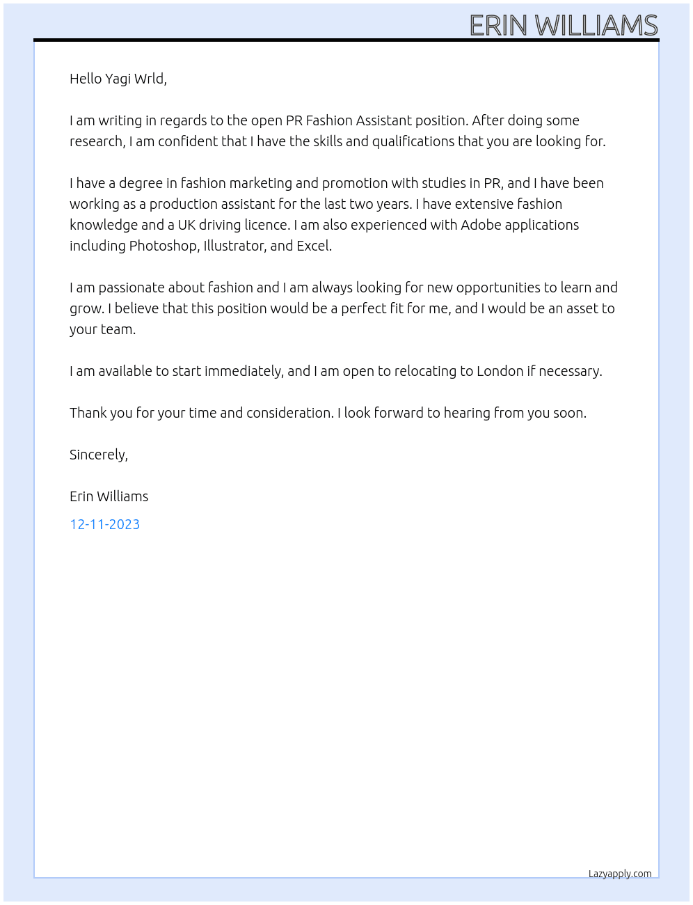 PR Fashion Assistant At Yagi Wrld Cover Letter
