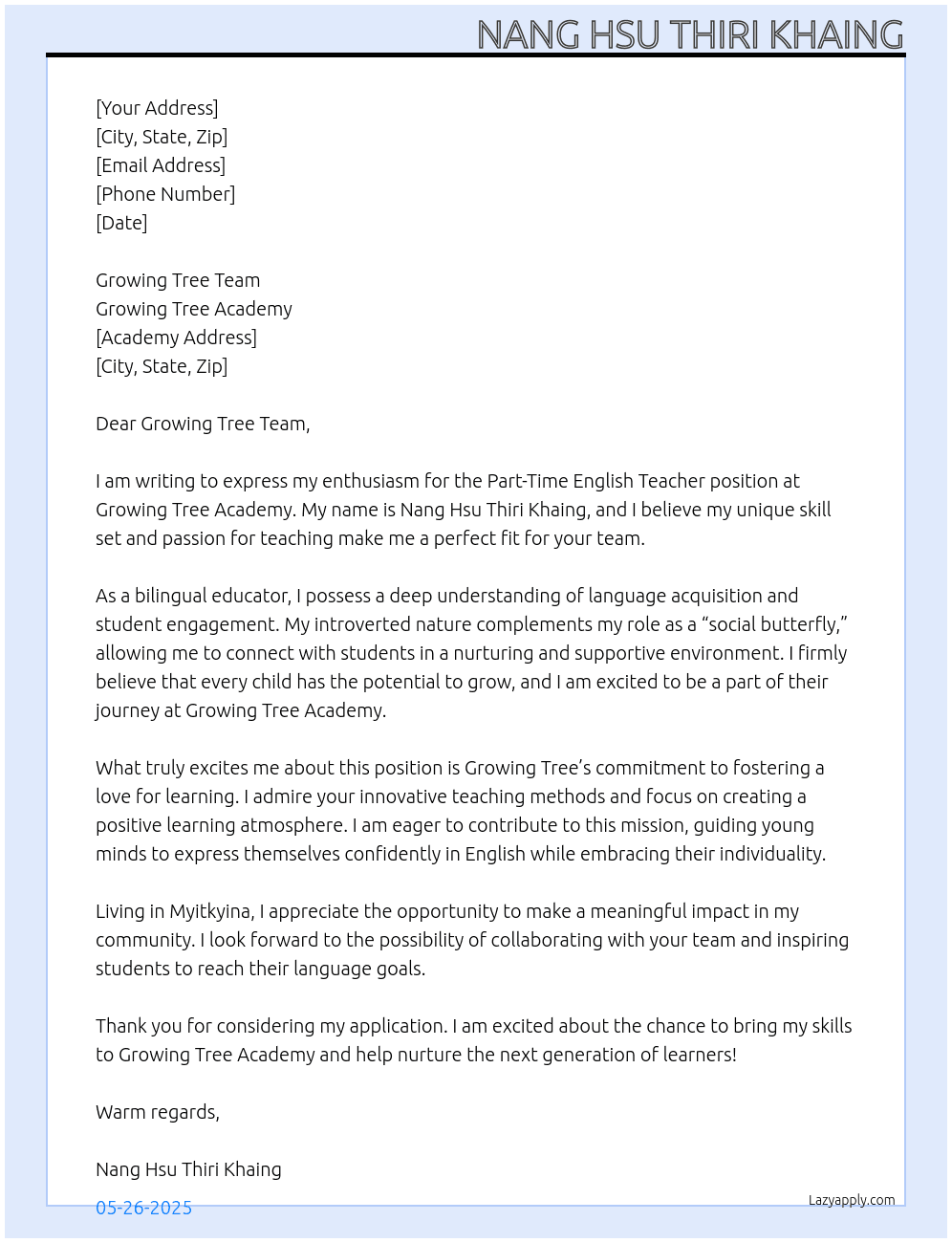 Part Time English Teacher  At Growing Tree Academy  Cover Letter